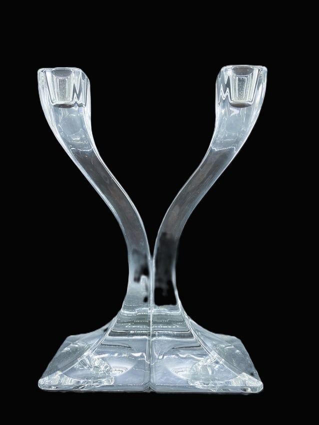 MID-CENTURY MODERN RIEDEL "DUETTO" AUSTRIA CRYSTAL CANDLESTICKS: Date/Period: UNKNOWN Dimension: 8" Material: glass Additional Information: VINTAGE PAIR MID-CENTURY MODERN RIEDEL "DUETTO" AUSTRIA CRYSTAL CANDLESTICKS Shipping: Domestic: Flat-rate of $18.00 to anywh