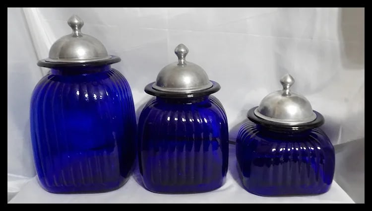 Vintage Set of 3 Artland Cobalt Blue Square Ribbed Glass Canister with Pewter Metal Lids - 2