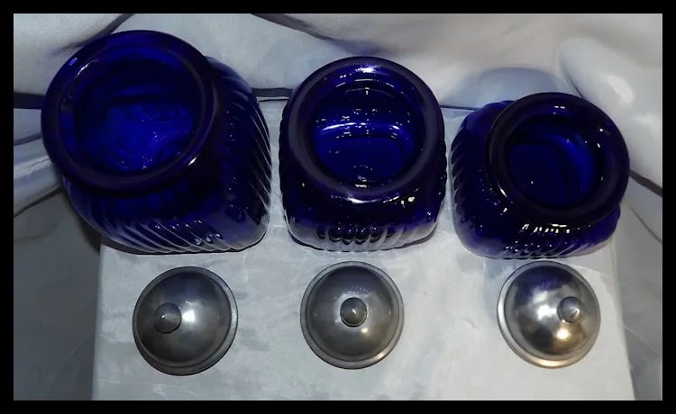 Vintage Set of 3 Artland Cobalt Blue Square Ribbed Glass Canister with Pewter Metal Lids - 3