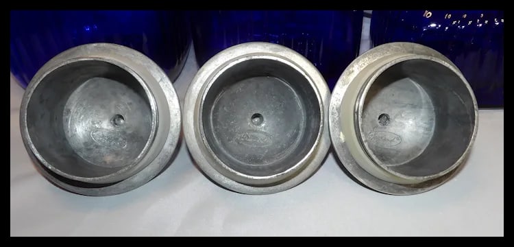 Vintage Set of 3 Artland Cobalt Blue Square Ribbed Glass Canister with Pewter Metal Lids - 5