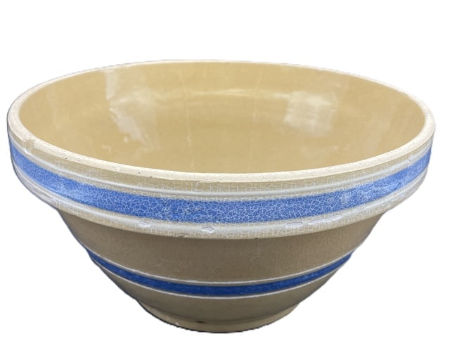 Antique Yellow Ware Blue & White Striped Banded 10 1/2" Stoneware Mixing Bowl: Date/Period: Approx 1930's Dimension: Approx 10.5" diameter x 5.5" tall Material: yellowware / yellow ware Additional Information: Antique Yellow Ware Blue & White Striped Banded 10 1/2" Stoneware