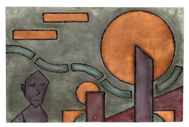 "Ground Floor Man" welded metal art by Tommy Richards: Ground Floor Man by Tommy Richards is welded metal art. It is mounted on a wooden frame with hand cut metal reinforcement on the back corners. The back is spray-painted "T 87" and has masking tape lab