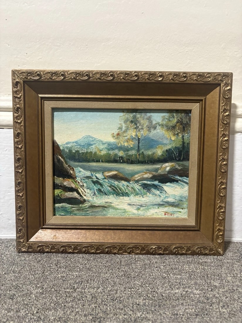 Humberta Neves Oil On Board Landscape Painting: The frame measures 14" x 12 1/8" and the board measures 10" x 8". It is signed in the lower right hand corner and signed and dated on the verso. It is in good condition and is being sold as is