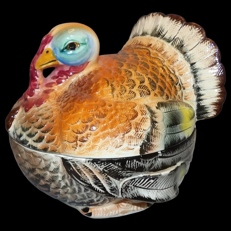 Vintage LARGE Lidded Hand-Painted Ceramic Turkey Covered Serving Dish with Handles- Japan: This 1960's Vintage LARGE Lidded Hand-Painted Ceramic Turkey Covered Serving Dish with Handles- Japan. This covered serving dish in the shape of a Tom Turkey made in Japan in the 60's. It is in near