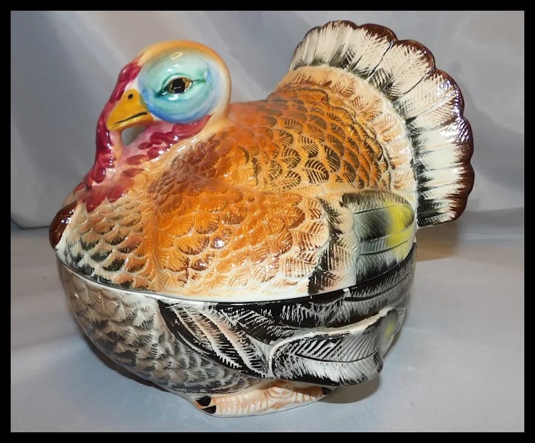 Vintage LARGE Lidded Hand-Painted Ceramic Turkey Covered Serving Dish with Handles- Japan - 2