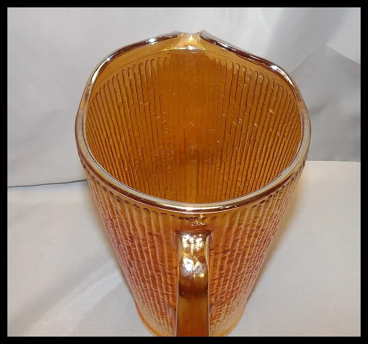 Vintage Jeannette Glass Iridescent Marigold Tree Bark Pattern Pitcher & 9 Rare (23 oz) Iced Tea - 14