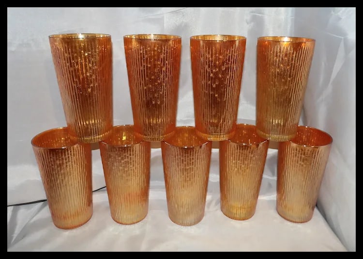 Vintage Jeannette Glass Iridescent Marigold Tree Bark Pattern Pitcher & 9 Rare (23 oz) Iced Tea - 5