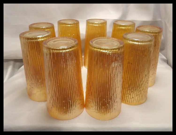 Vintage Jeannette Glass Iridescent Marigold Tree Bark Pattern Pitcher & 9 Rare (23 oz) Iced Tea - 9