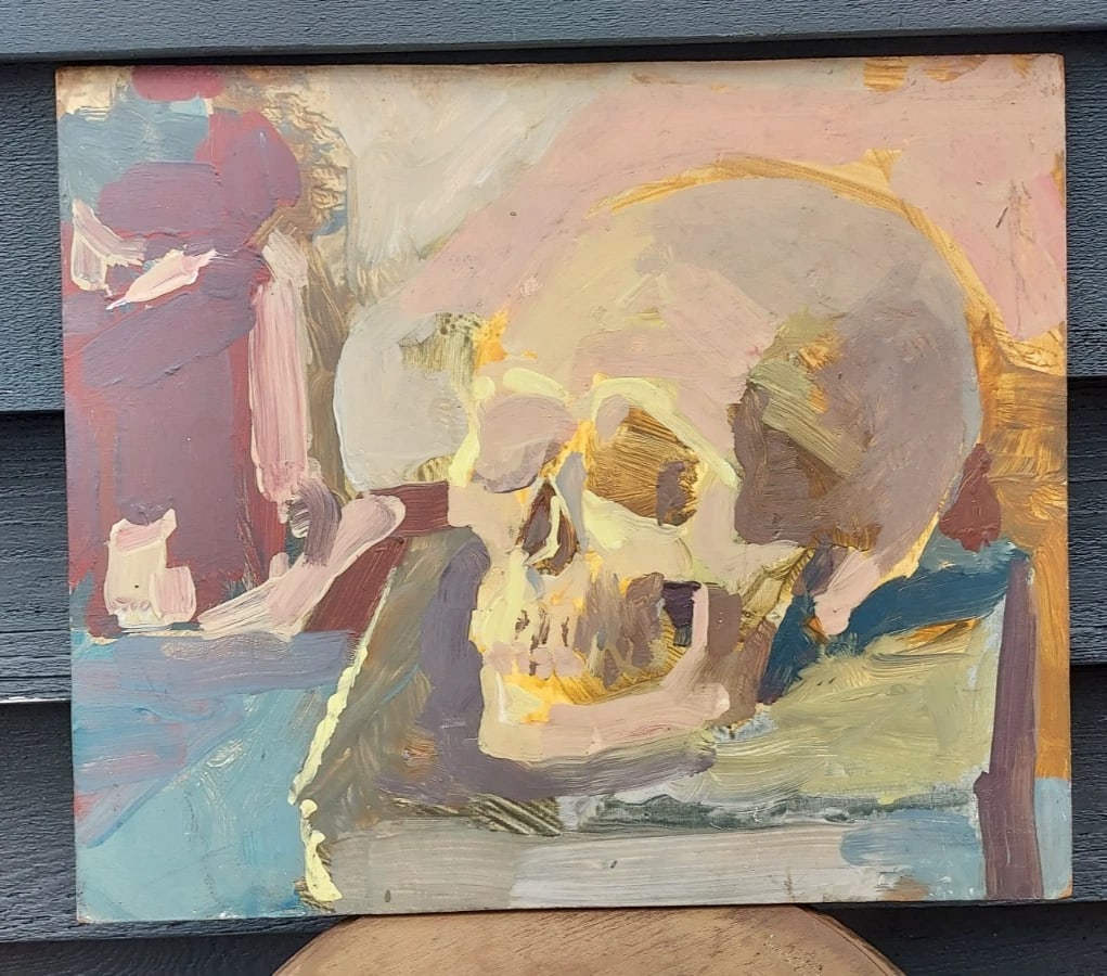 Oil painting SKULL on Board 1970 Colorful: Great looking piece in excellent condition. Love the coloring and lighting. Measures approximately 10 x 12" NO frame. Painted on board. Shipping charges include insurance. Shipping: Domestic: