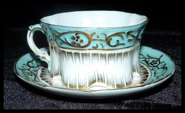 Antique Gold Gilded White & Blue Porcelain Cup and Saucer - 5