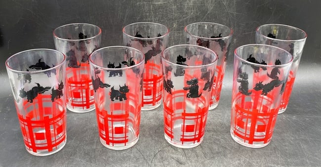 Vintage SCOTTIE DOG Drinking Glass Tumbler Red Plaid Scotty 8 qty: Date/Period: approx 1950's Dimension: Approx. 4.75" tall x 2.75 Material: glass Additional Information: Vintage SCOTTIE DOG Drinking Glass Tumbler Red Plaid Scotty 8 qty Shipping: Domestic: Flat-rate