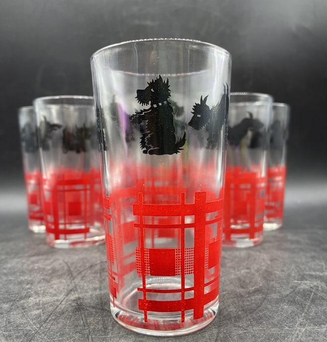 Vintage SCOTTIE DOG Drinking Glass Tumbler Red Plaid Scotty 8 qty - 2
