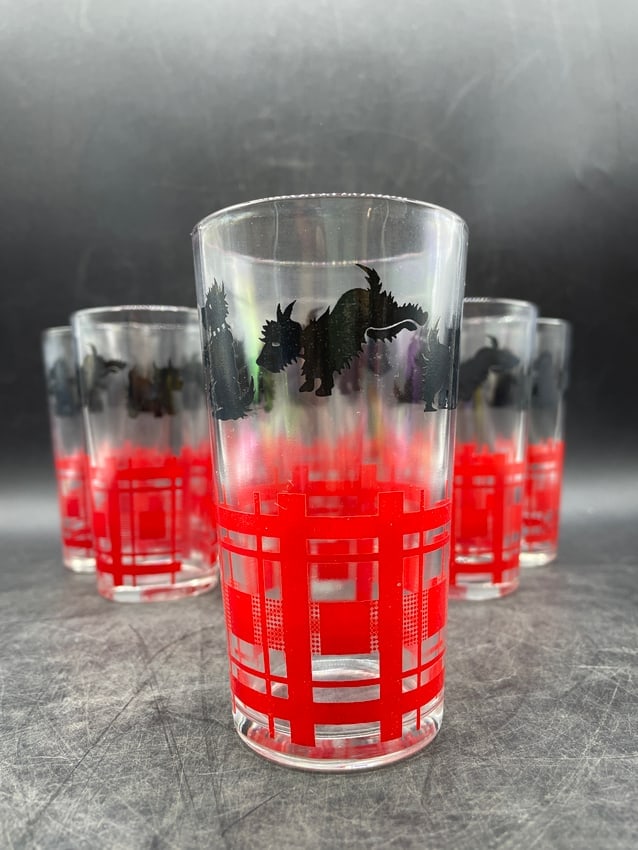 Vintage SCOTTIE DOG Drinking Glass Tumbler Red Plaid Scotty 8 qty - 3