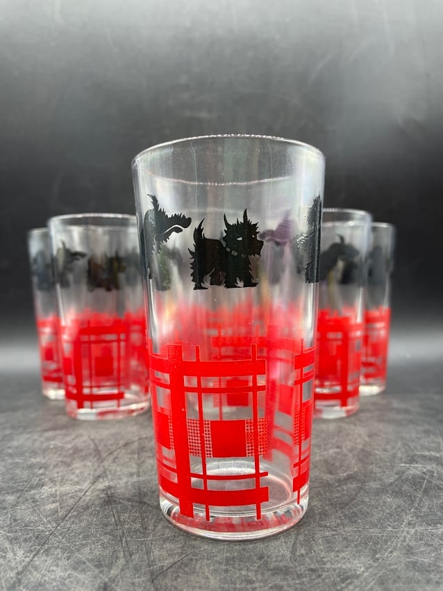 Vintage SCOTTIE DOG Drinking Glass Tumbler Red Plaid Scotty 8 qty - 4