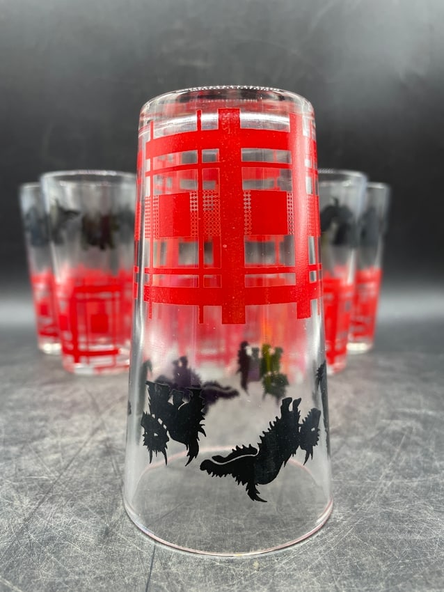 Vintage SCOTTIE DOG Drinking Glass Tumbler Red Plaid Scotty 8 qty - 5