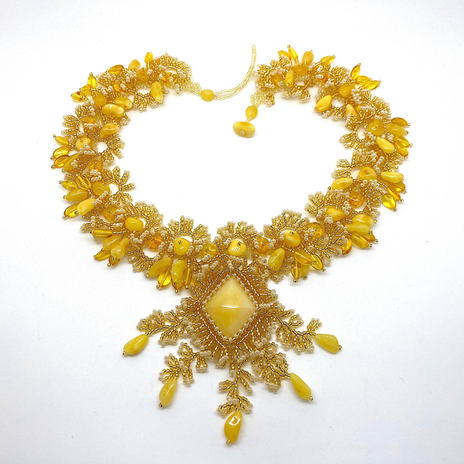 Unique and Outstanding Amber Floral Necklace made from leaf like bead ornaments - 7