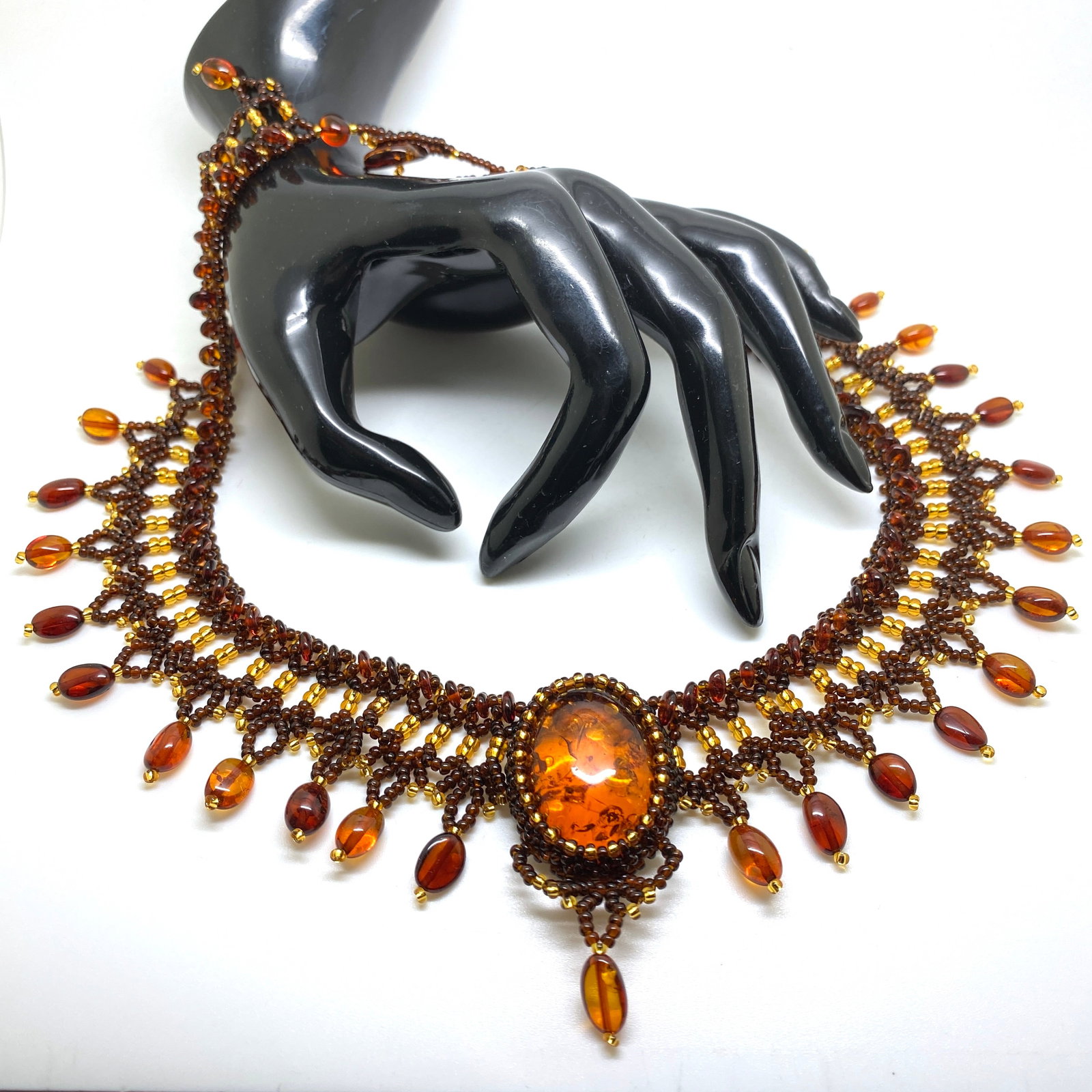 Outstanding Unique Vintage Amber Floral Necklace made from leaf like bead ornaments - 3