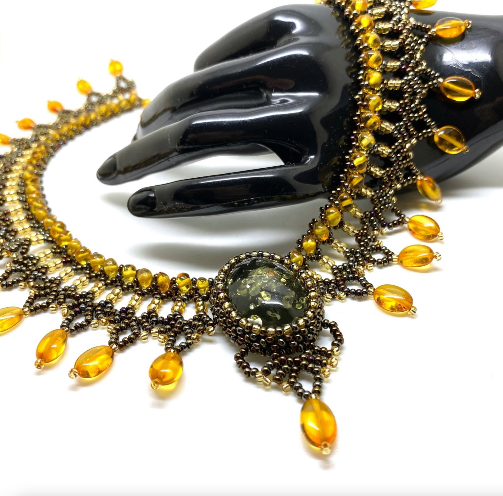 Impressive Vintage Amber Floral Necklace made from leaf like bead ornaments - 3