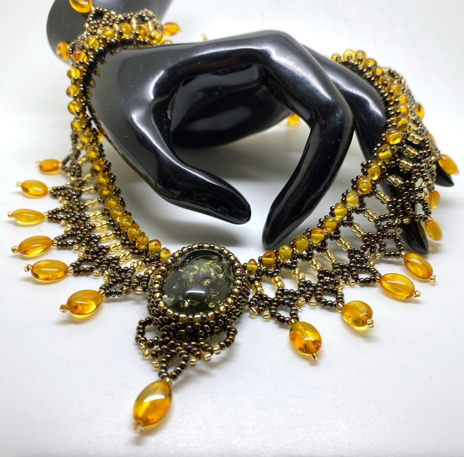 Impressive Vintage Amber Floral Necklace made from leaf like bead ornaments - 6