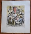 SYNAGOGUE SCENE ORIGINAL HAND COLORED SIGNED ETCHING by IRA MOSKOWITZ Judaica: Title: SYNAGOGUE SCENE ORIGINAL HAND COLORED SIGNED ETCHING by IRA MOSKOWITZ Judaica Description: Size of the image: 9 7/8 by 11 5/8" Overall size 15 by 17" Limited edition, numbered copy. Unframed.