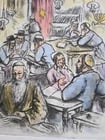 SYNAGOGUE SCENE ORIGINAL HAND COLORED SIGNED ETCHING by IRA MOSKOWITZ Judaica - 2