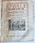 1760 MISSALE ROMANUM antique VELLUM BOUND FOLIO: Title: 1760 MISSALE ROMANUM antique VELLUM BOUND FOLIO Description: MISSALE ROMANUM Venice; 1760 Folio: 9.5 by 12.5" Full vellum binding Some wear, vellum soiled, with discoloration spots Text in