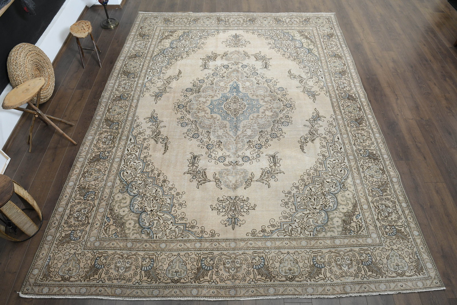 9'4x12'5 ft, BEIGE PERSIAN RUG: Title: 9'4x12'5 ft, BEIGE PERSIAN RUG Description: This Turkish one-of-a-kind Anatolian Vintage Rug is hand-knotted and handwoven by the most skilled artisans who use pure wool, in muted, natural tone