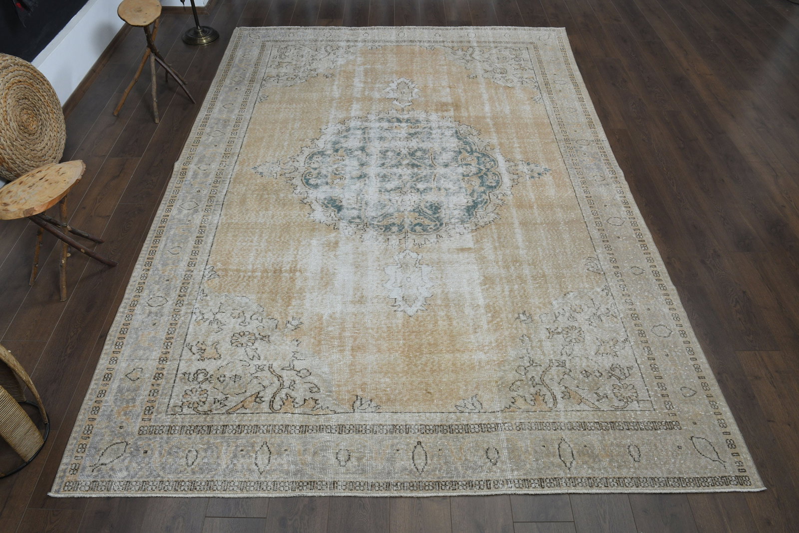 7.7x11.1 ft, ORANGE ORIENTAL RUG: Title: 7.7x11.1 ft, ORANGE ORIENTAL RUG Description: This Turkish one-of-a-kind Anatolian Vintage Rug is hand-knotted and handwoven by the most skilled artisans who use pure wool, in muted, natural