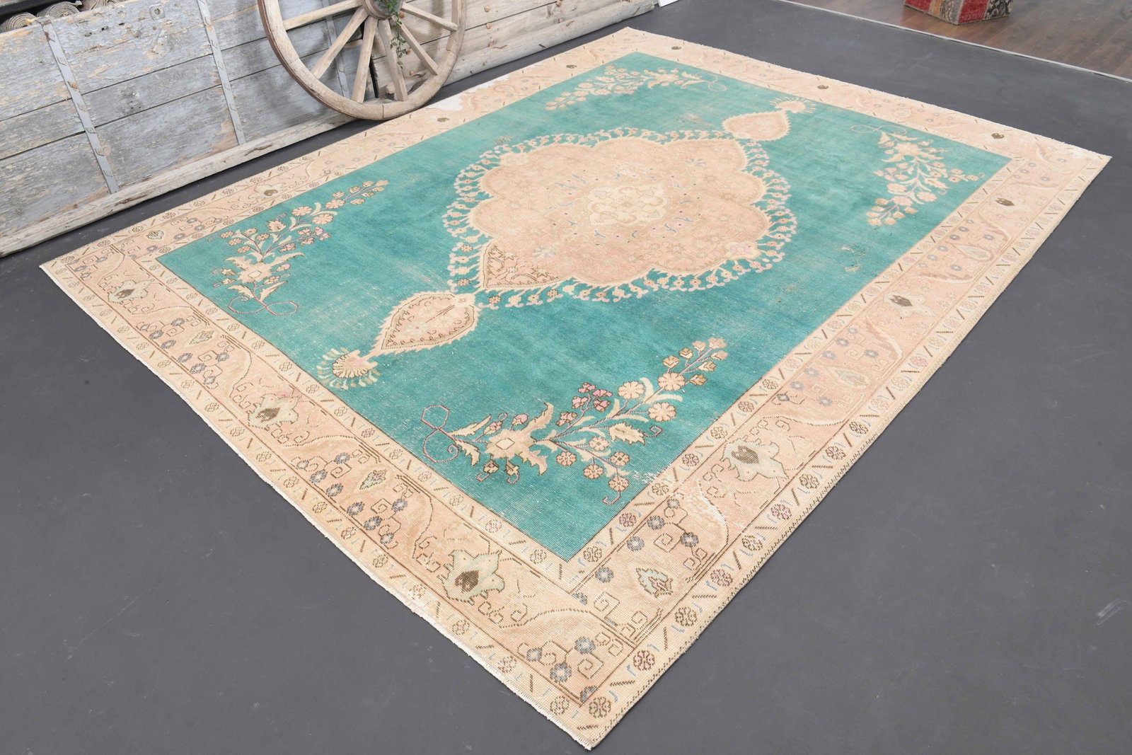 9'7x12'4 TURKISH RUG, Jade Green: Title: 9'7x12'4 TURKISH RUG, Jade Green Description: This Turkish one-of-a-kind Anatolian Vintage Rug is hand-knotted and handwoven by the most skilled artisans who use pure wool, in muted, natural