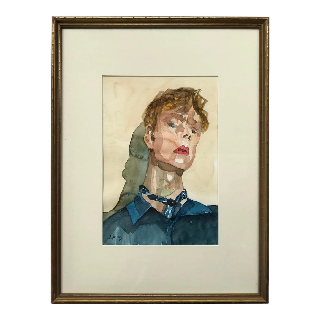 Modern Expressionist Portrait Original Watercolor Painting in Vintage Giltwood Frame: Original watercolor portrait of a young man wearing a scarf and leaning against a sun-baked stucco wall. Painted by Lori Fiacco; signed in watercolor at lower left. Painting is presented in a vintage