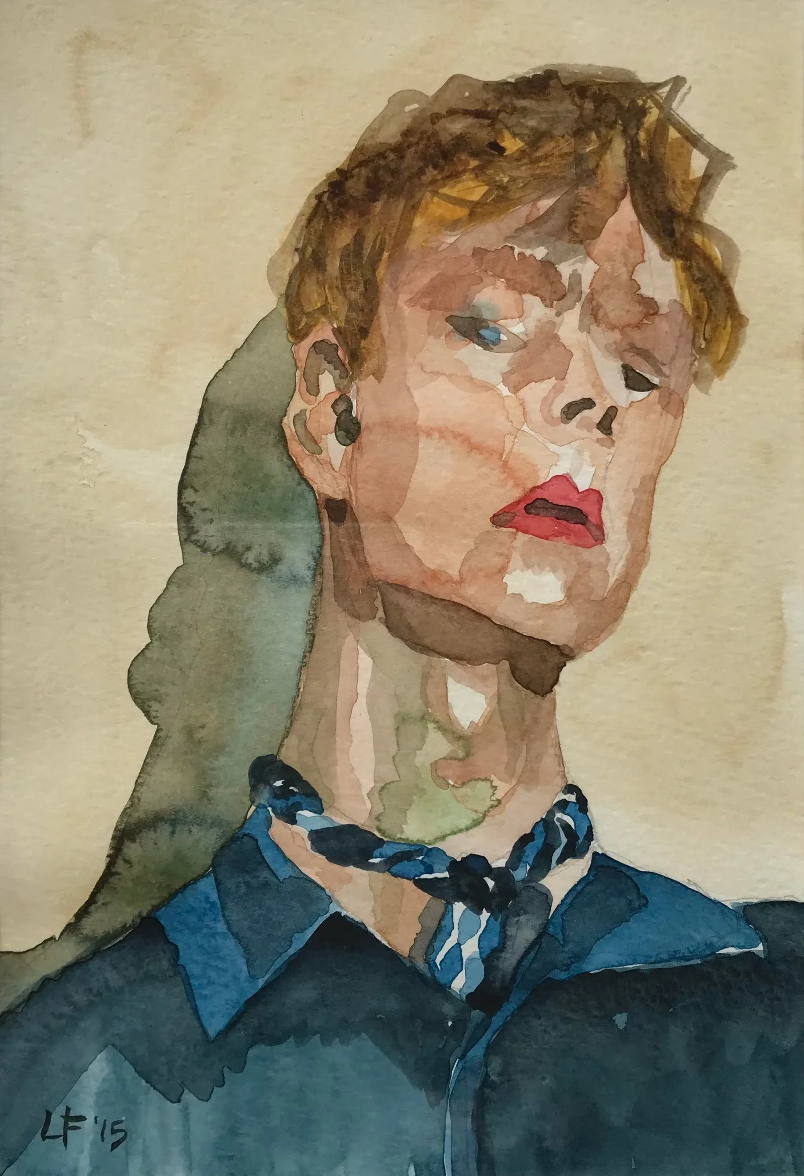 Modern Expressionist Portrait Original Watercolor Painting in Vintage Giltwood Frame - 3