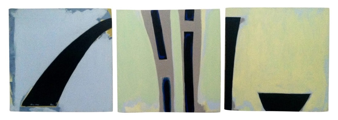 Abstract Triptych Painting by Paul Rinaldi: An abstract work of three panel paintings by Paul Rinaldi - a visual artist and photographer - working in Chicago. These panels were created in 2005 in acrylic on canvas, each stretched over wooden