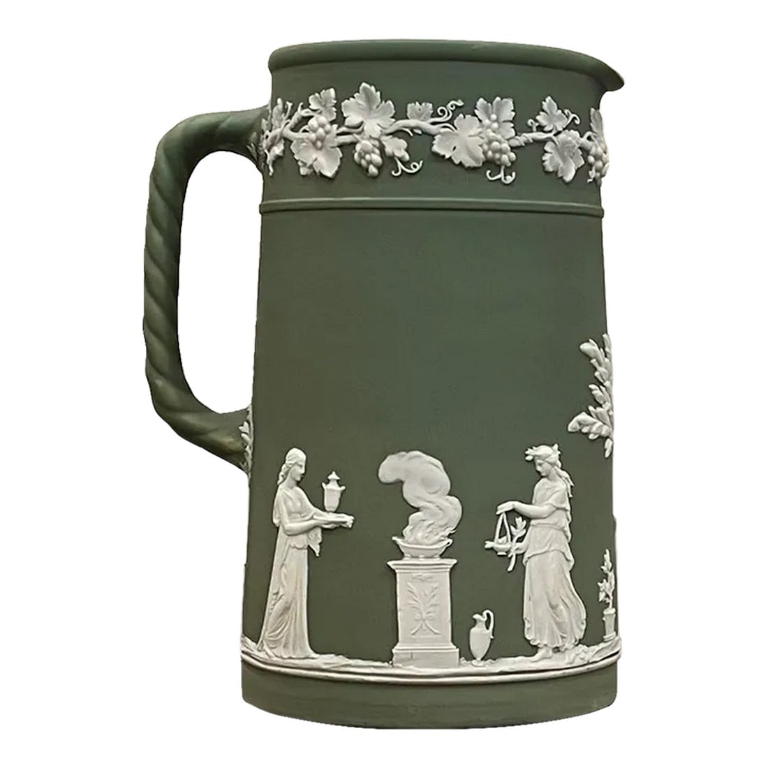 Sage Green Wedgwood Dipped Jasperware Pitcher, Circa 1912: In fantastic antique condition, this 1912 green Jasperware pitcher is truly a masterpiece addition to your collection- newly starting or established- you'll appreciate its beauty for a long time to