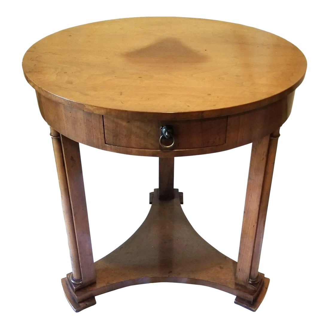 1950s Biedermeier Round Three-Leg Table With Column Details by Baker: This table is great and very versatile for its size due to the round shape. A classic piece for certain. Made by the Baker Furniture Company in Holland, Michigan and purchased from Marshall Fields in