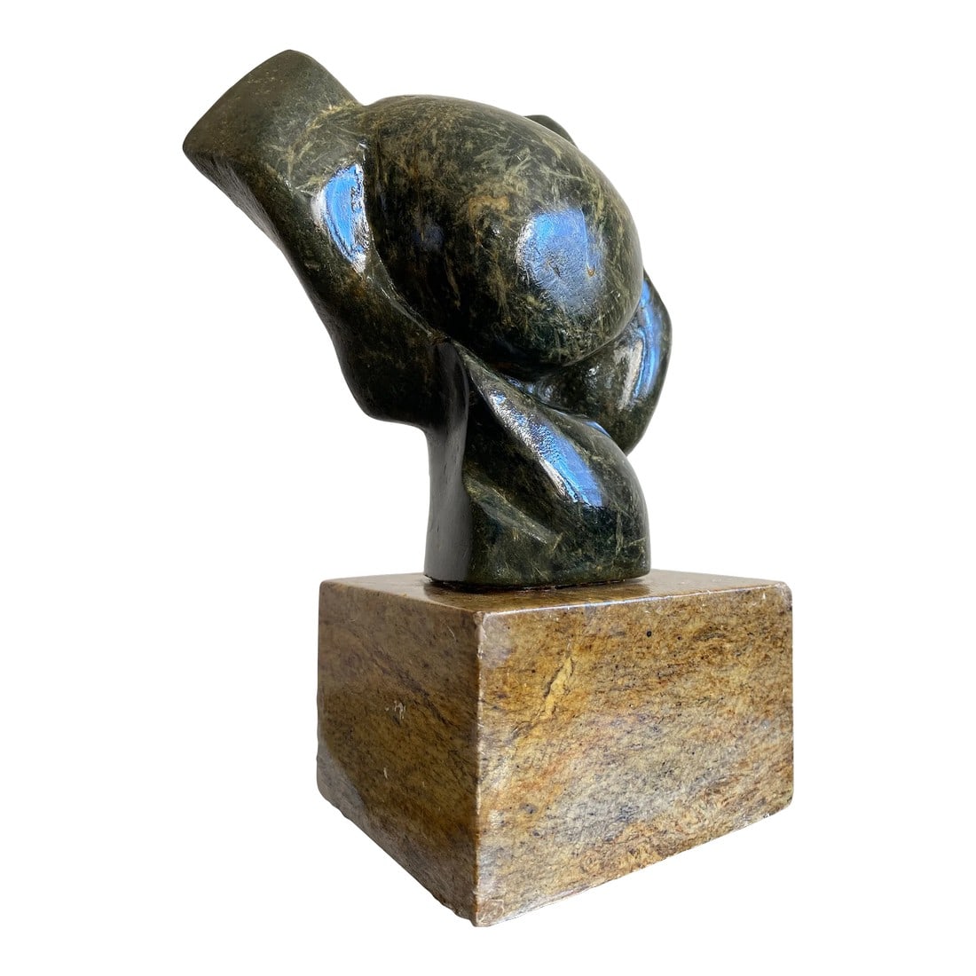 Carved Stone Modernist Abstract Sculpture Signed by Artist: Green carved abstract sculpture signed and dated by artist. Exquisite veining and unique from all sides. Attached display base shows age wear. Condition: Alterations: Original Condition Unaltered