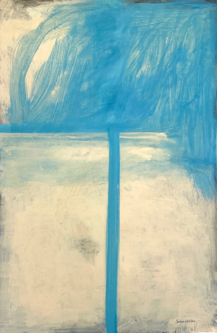Minimalist Abstract Painting With Blue and Cream: Here is a bold design with gestural strokes of bright blue on cream background. There is a black background which peaks out on the edges. This original painting by Sarah Vaaler is made with acrylic
