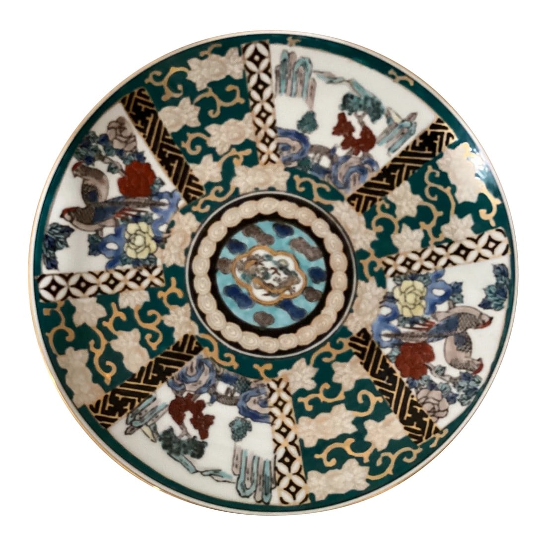 Early 20th Century Antique Handmade & Hand-Painted Japanese Green Imari Charger Plate Charger: This is an excellent example of a Japanese porcelain Charger or large plate with a finely hand painted design decorated with a light under-glaze green border, then hand painted over-glaze in a wide