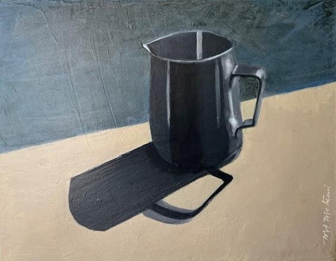 Midnight Gold Contemporary Impressionist Still Life Pitcher in Blue and Gold by Mill Valley Arti: Title: "Creamer in Black and White" A monochromatic still life of a pitcher in shades of gray. My art is inspired by both natural and built environments, primarily of the Bay Area where I have