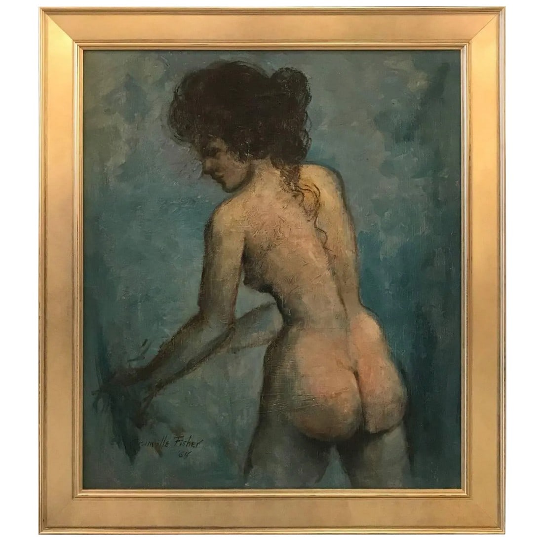 Mid-20th Century Female Nude Oil Painting on Board: Oil painting on board of a standing female nude in profile. Impressionist style, artist signed and dated 1965 in a later silver giltwood frame. Condition: Alterations: Original Condition Unaltered