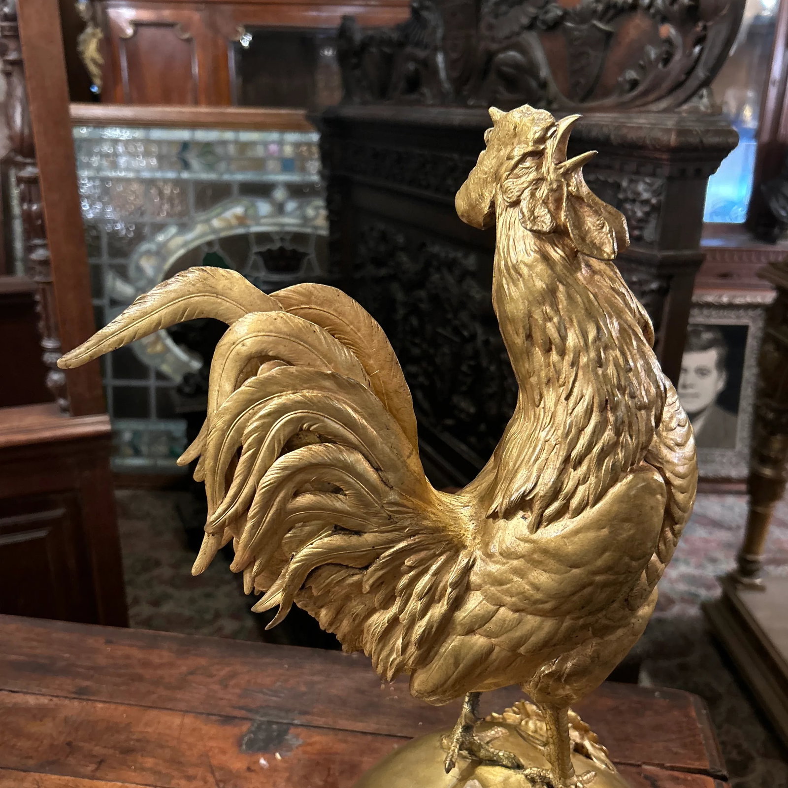 French Gilded Bronze Statue Rooster, Signed A.Cain, Circa 1880 - 3