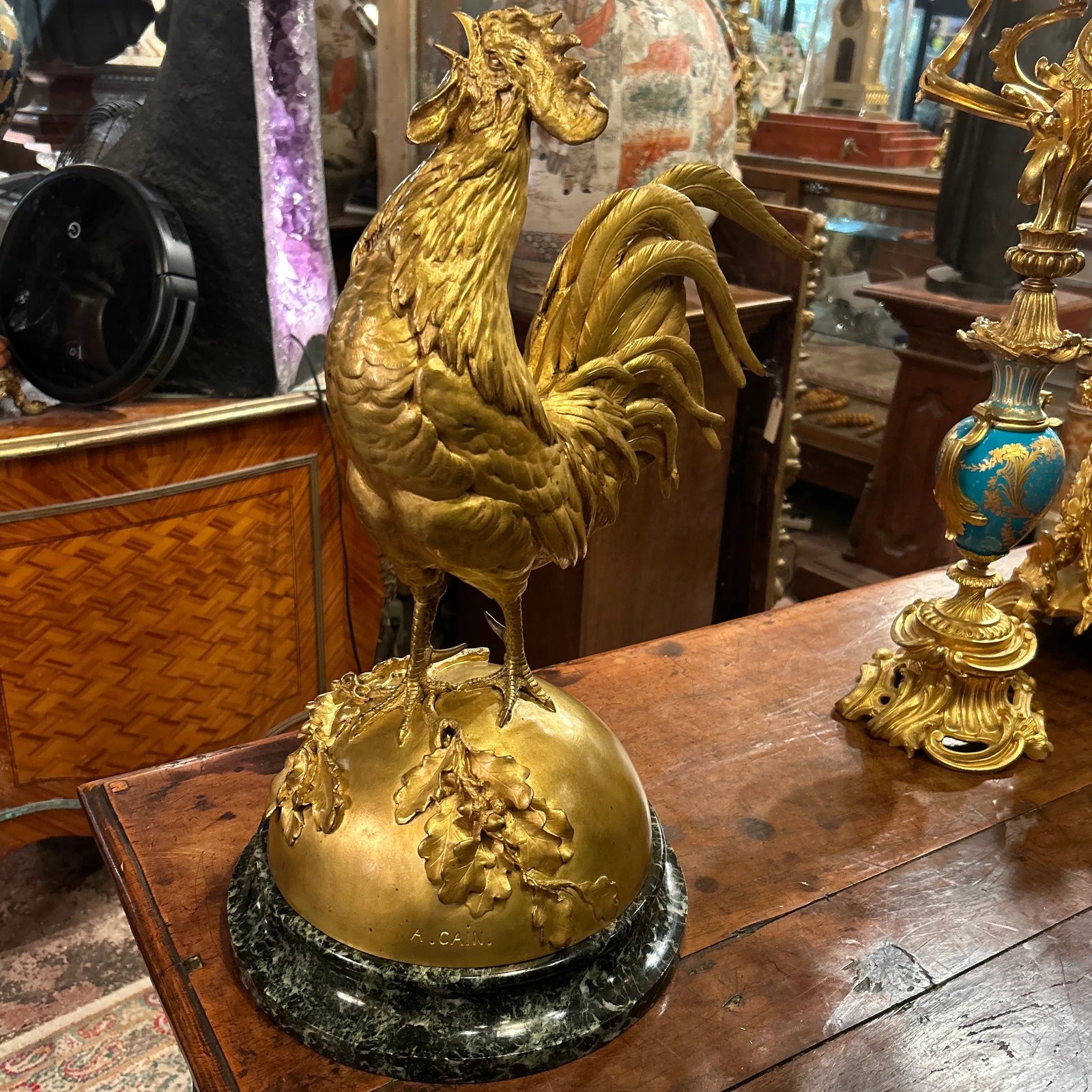 French Gilded Bronze Statue Rooster, Signed A.Cain, Circa 1880 - 5