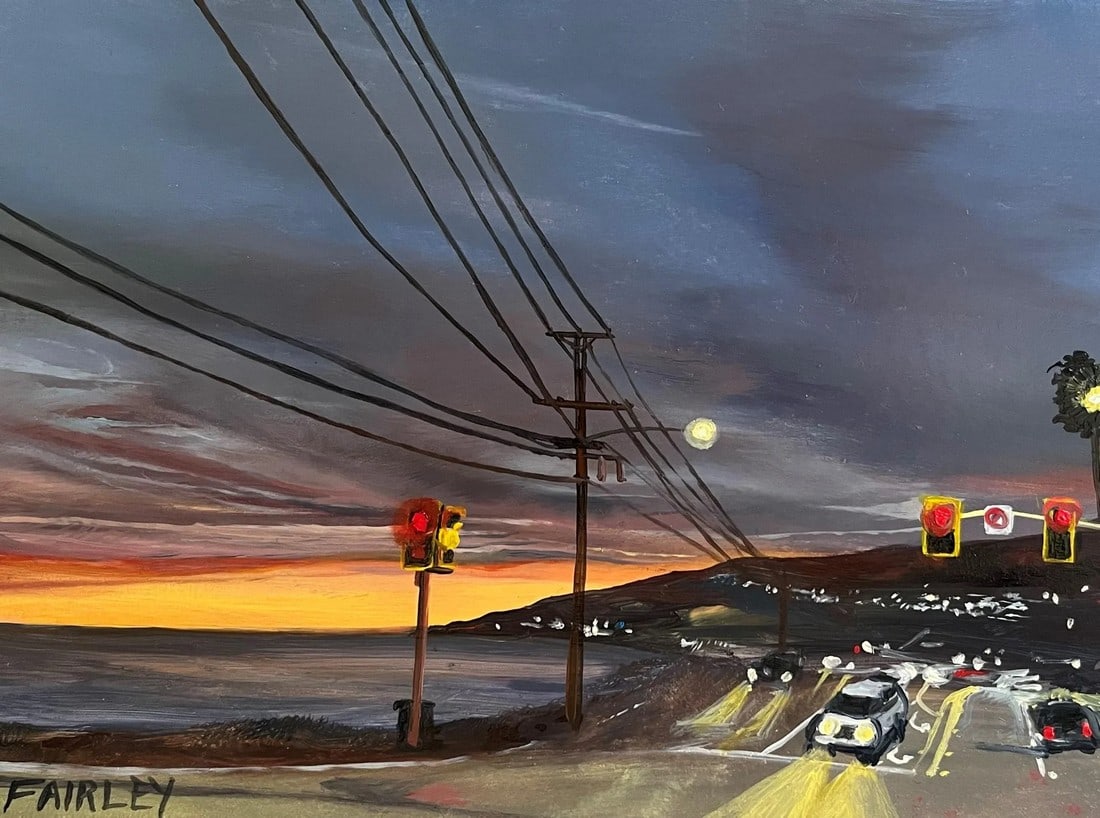 Pacific Coast Highway at Porto Marina, Original Miniature Oil Painting by Artist, Jessica Fairley: In this original miniature oil painting, artist Jessica Fairley, transports us to the Southern California Coast in Malibu, California. This sunset drive captures the best of Los Angeles, as seen from