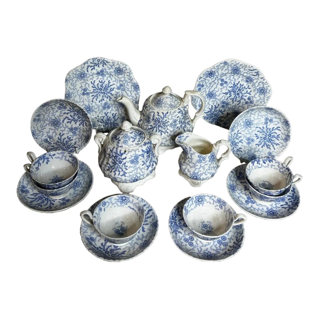 Antique Staffordshire Transferware Miniature Child's Tea Set: Hard to find in such excellent condition, almost 200 year old, child's tea set made in the Staffordshire region of England in the year 1840. Dated by the stamp on the underside, this darling