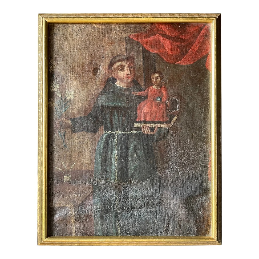 Antique Mexican Oil on Canvas Painting of Saint Anthony: Beautiful 18th century Mexican oil on canvas painting of Saint Anthony with the infant Jesus. There are a few old repairs as shown on photos. Framed with gilt wood frame. .Saint Anthony of Padua was