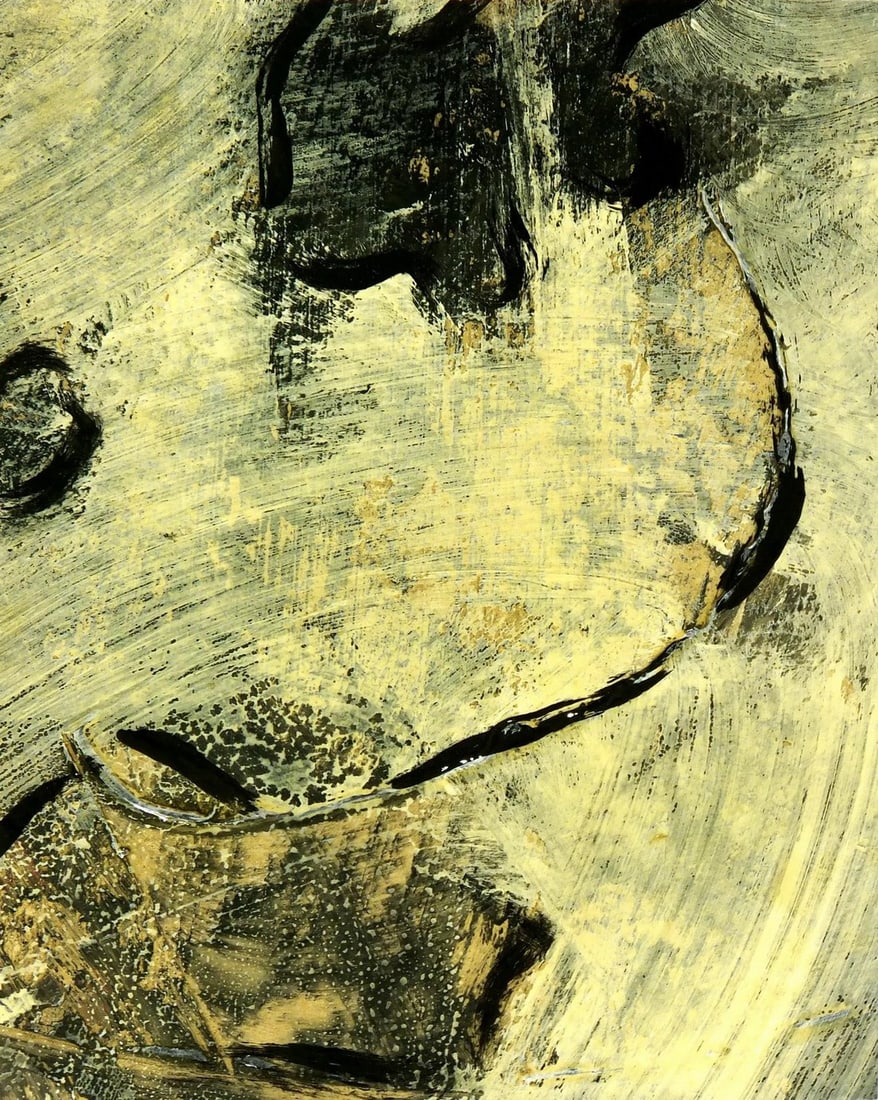 Sandy Yellow, Tan and Light Green Hues Acrylic Abstract Painting: Contemporary acrylic abstract painting of a sandy hue of yellow meeting a hue of tan from Santa Fe, NM - 1990s. Displayed on a white mat with a gold border and fits a standard-size frame. Archival
