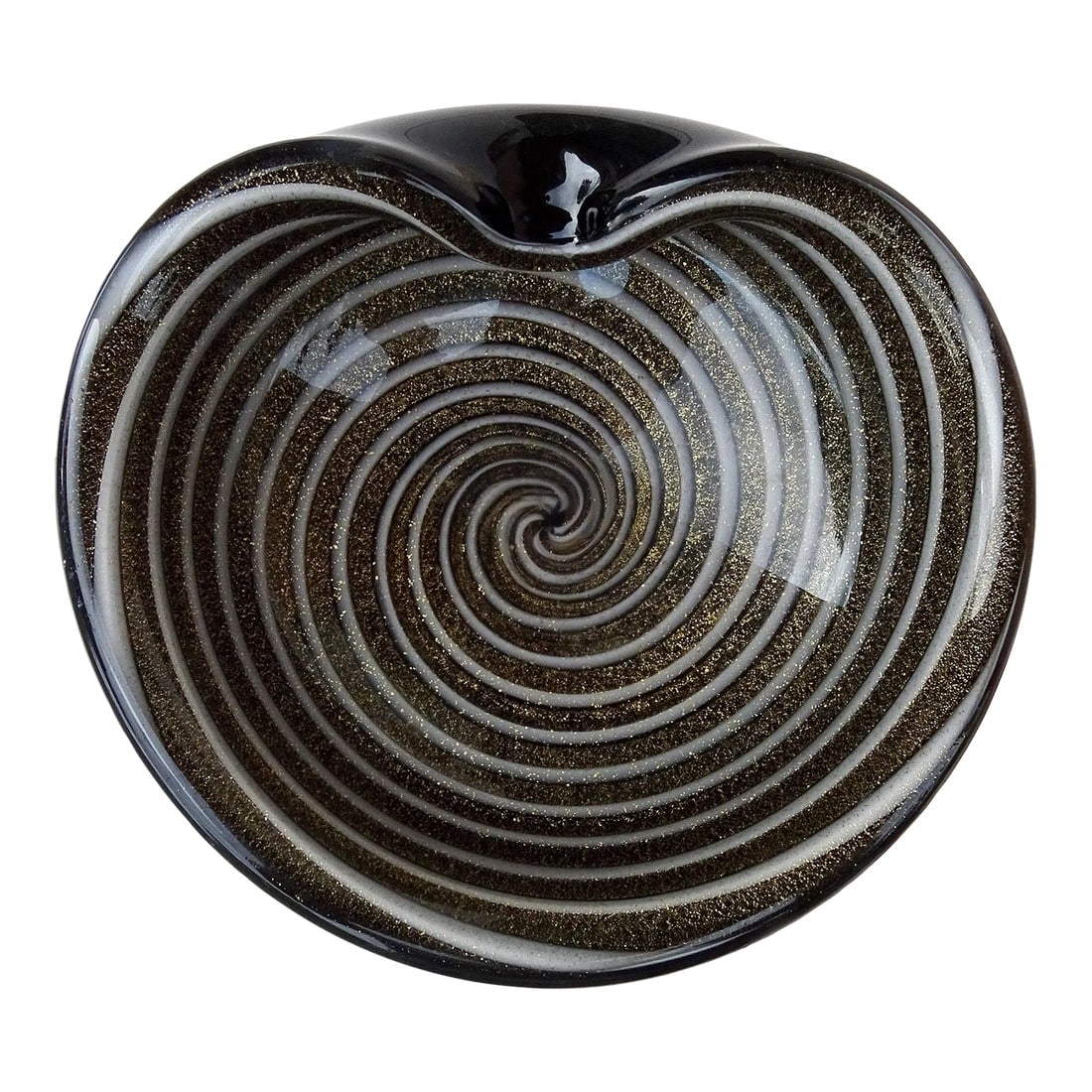 Murano Barbini Black Gold Flecks White Swirl Vintage Italian Art Glass Decorative Personal Bowl Asht: Beautiful vintage Murano hand blown black, white and gold flecks Italian art glass bowl, vide-poche. Documented to designer Alfredo Barbini, circa 1950s. The bowl has a white optic swirl design, and