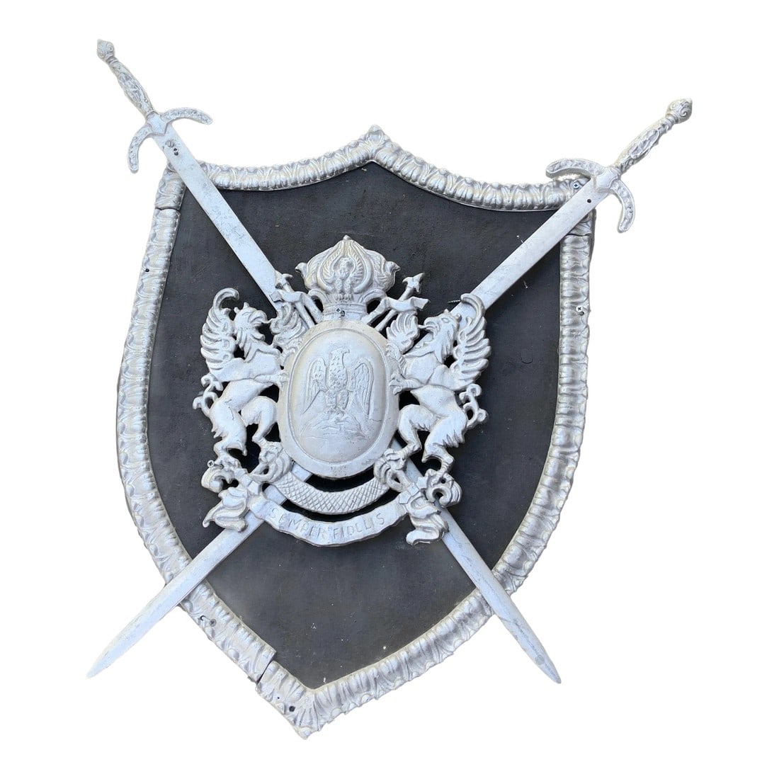 Vintage Mid-Century Modern Iron Lion Coat of Arms With 2 Swords Crossing on Wood Background: Step back into the mid-century era with this captivating vintage mediaeval iron lion coat of arms, where two swords dramatically cross against a black wood background. The design exemplifies the