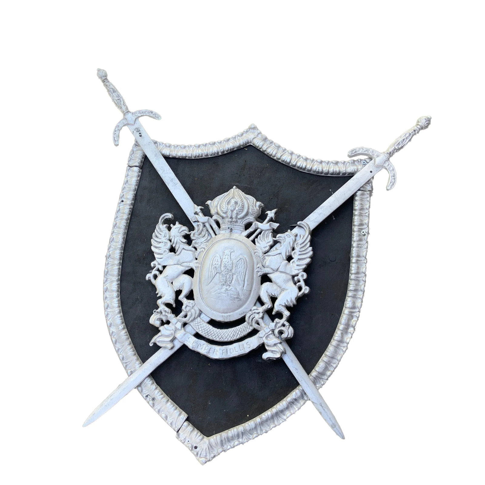 Vintage Mid-Century Modern Iron Lion Coat of Arms With 2 Swords Crossing on Wood Background - 2
