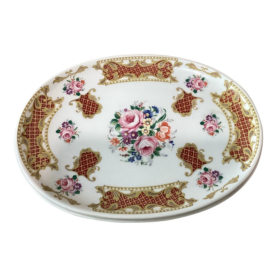 Mid 20th Century Vintage Theo Limoges France Alfa Ceramic Porcelain Vanity Tray on Stand Hand Painte: Theo Limoges France Alfa Hand Painted Vanity Tray ORMOLU Large Roses with Gold. Condition: Alterations: Original Condition Unaltered Imperfections: Some Imperfections Condition Notes: Good vintage