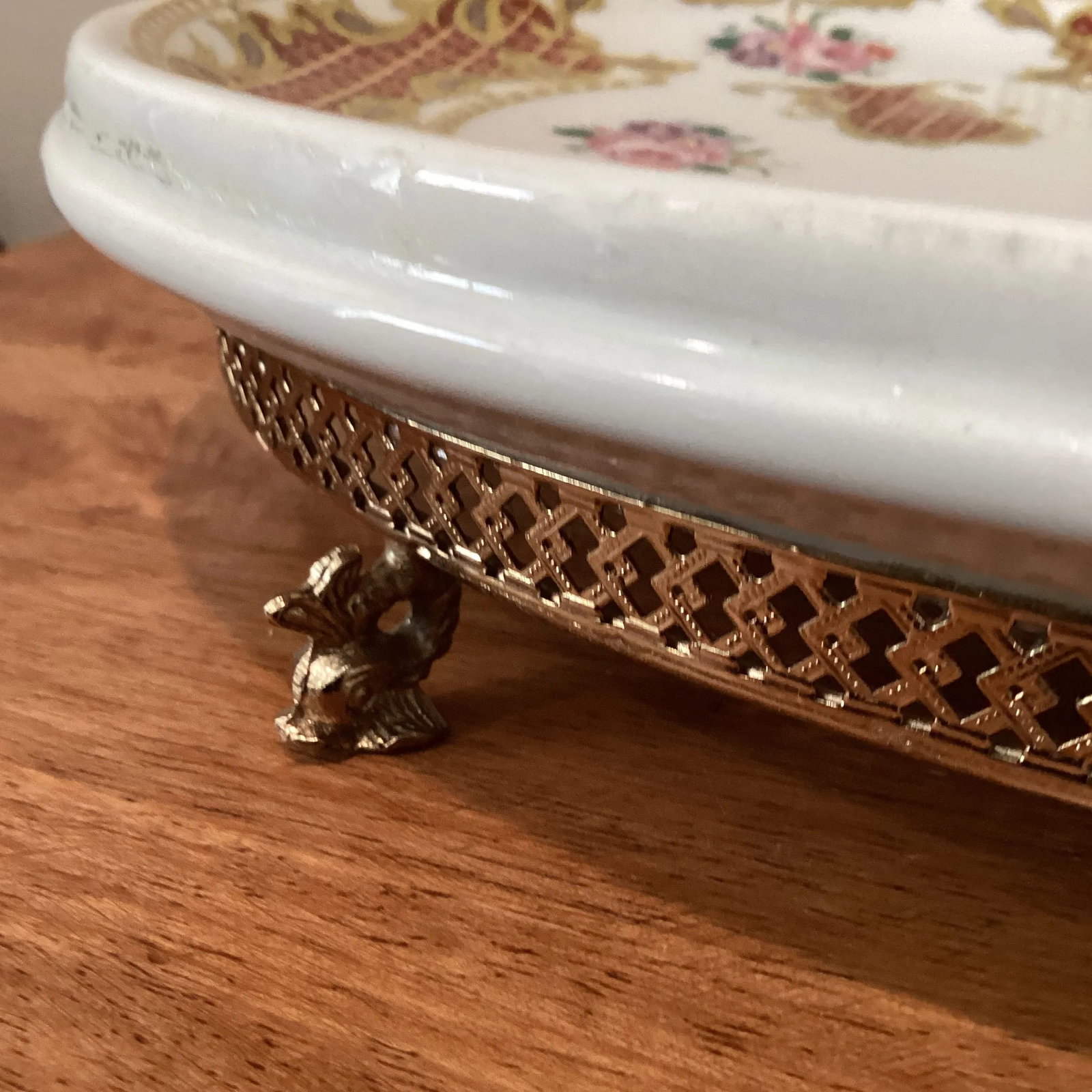 Mid 20th Century Vintage Theo Limoges France Alfa Ceramic Porcelain Vanity Tray on Stand Hand Painte - 7